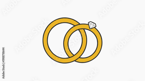 A minimalist vector graphic of two interlocking wedding rings with one featuring a diamond