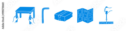Hand-drawn blue icons showing furniture assembly steps: attaching table legs, using an Allen key, delivery box, instructions manual, and a screwdriver. Perfect for DIY and home improvement guides.