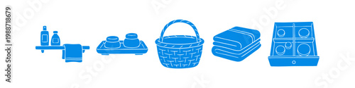 A set of blue silhouette icons featuring bathroom and spa elements like towels, storage baskets, toiletries, and organizers on a clean white background.