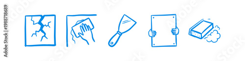 Hand-drawn blue icons showing the step-by-step process of wall repair, from identifying a crack and cleaning to applying putty, installing drywall, and sanding the final surface.