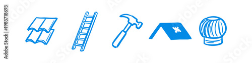 Set of hand-drawn blue icons representing roofing and home repair, featuring roof tiles, a ladder, a hammer, a gabled roof, and a turbine ventilator on a white background.