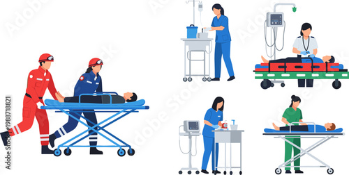 Emergency Medical Team Transporting Patients on Stretchers with Hospital Equipment, Paramedics, Nurses, and Healthcare Workers in Urgent Care Situations Vector Illustration