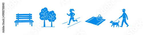 Blue flat icons set representing various park activities: jogging, walking a dog, picnicking, relaxing on a bench, and nature with trees. Ideal for outdoor lifestyle and urban recreation themes.