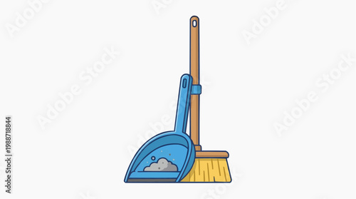 A colorful illustration of a dustpan and broom for cleaning purposes