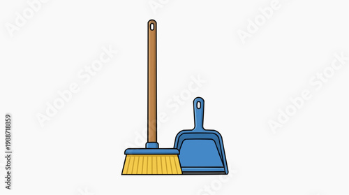 A vector graphic illustration of a broom and dustpan for cleaning purposes