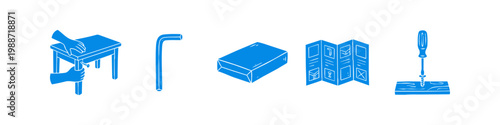 Set of hand-drawn blue icons depicting furniture assembly, tools, packaging, and instructions. Ideal for DIY projects, flat-pack guides, and home improvement branding.