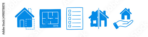 Set of hand-drawn blue icons illustrating home renovation stages, including project planning, floor plans, checklists, before and after comparisons, and real estate services.