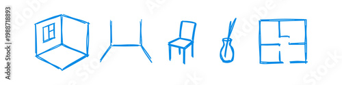 Set of minimalist blue hand-drawn sketches of interior design concepts, including a room layout, floor plan, chair, and vase on a white background.