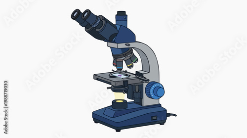 A detailed vector illustration of a blue and gray microscope on a white background