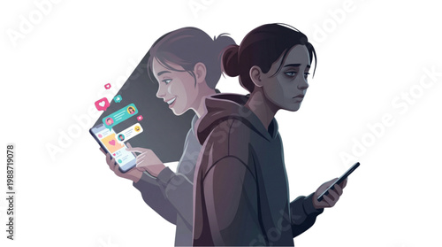 Conceptual vector illustrating a woman hiding depression behind a smiling social media facade, representing world schizophrenia day, bipolar disorder, and modern mental health struggles.
