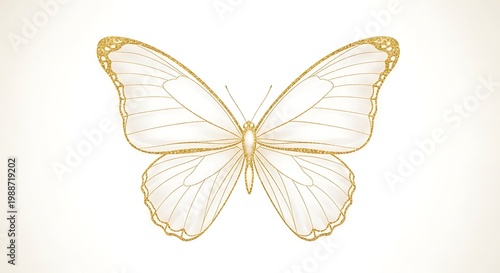 Elegant butterfly with delicate golden glitter wings, intricate line art design, luxury decorative element, artistic illustration isolated on white background