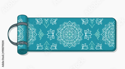 A teal yoga mat with a white mandala design and strap on a plain background