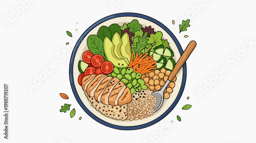 A vibrant illustration of a healthy meal in a bowl with various fruits and vegetables