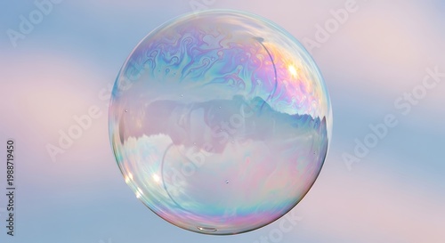 Closeup of a single iridescent soap bubble floating against a soft, dreamy pastelcolored sky background, capturing light reflections and swirling colorful patterns