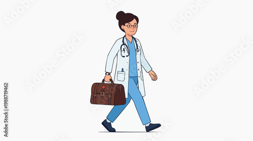 A female doctor walking with a medical bag in a minimalist vector illustration