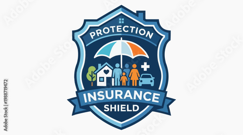 A blue shield icon representing insurance protection with a family, house, and car under an umbrella