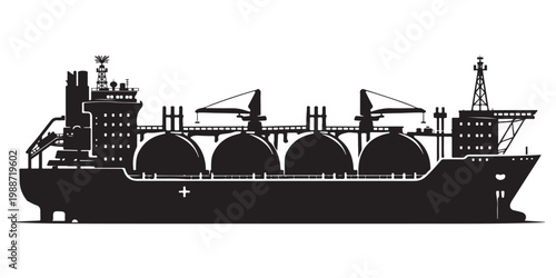 Industrial LNG tanker ship silhouette, black vector gas carrier vessel, maritime energy transport ship icon, natural gas cargo ship on white background