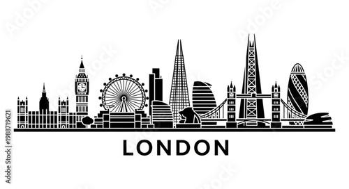 London Skyline Silhouette with Famous Landmarks.