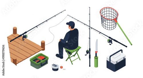 Man fishing on a dock with fishing rods and equipment.
