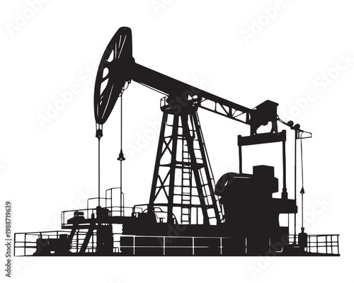 Industrial oil pump jack silhouette vector, black oil well derrick on white background, petroleum extraction machinery, fossil fuel energy equipment