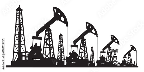 Industrial oil pump jack silhouettes, black oil rig derrick vector icons, petroleum extraction machinery set on white background