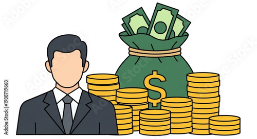 Man in Suit Standing Next to Money Bag and Stacks of Coins.