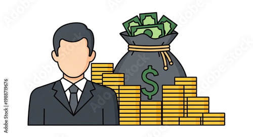 Man in Suit Standing Next to Money Bag and Coins.