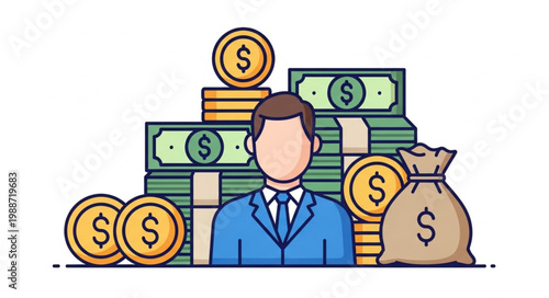 Man in Suit Surrounded by Money and Coins.