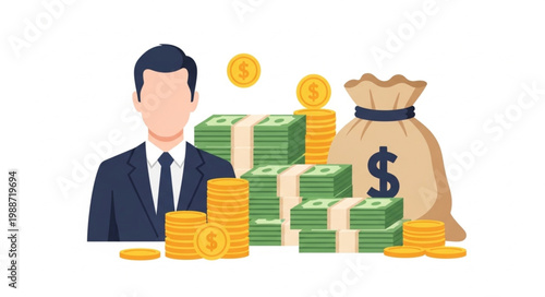 Man in Suit With Piles of Money and Gold Coins.