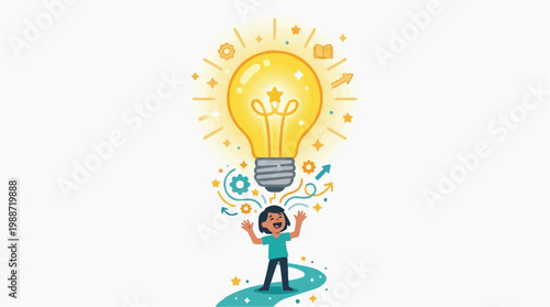 A cartoon woman with a bright idea, surrounded by creative symbols and a glowing lightbulb