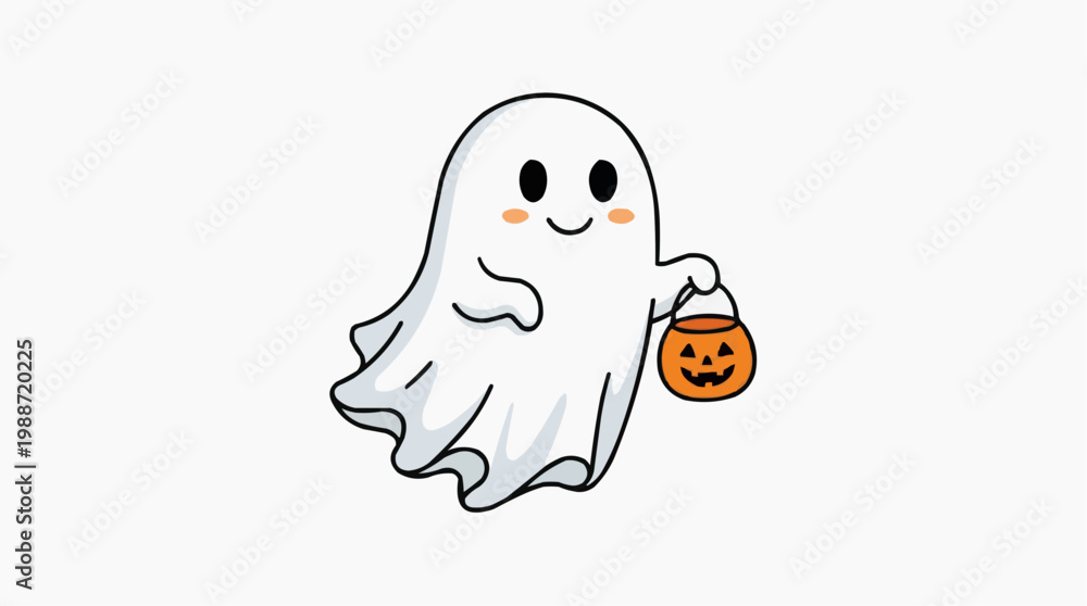 Fototapeta premium A cute cartoon ghost holding a jack-o-lantern bucket for trick-or-treating on Halloween night