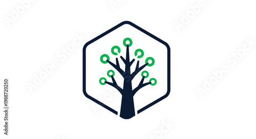 Abstract Digital Tree Logo Emblem Within a Geometric Hexagon Concept Design
