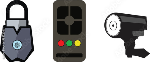 Digital security concept with fingerprint lock, control panel and CCTV camera icons
