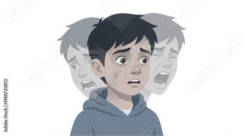 Distressed young boy with overlaid screaming expressions representing world schizophrenia day, illustrating childhood mental health struggles, panic, and internal psychological turmoil.
