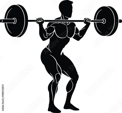 Silhouette of a weightlifter performing a barbell squat exercise