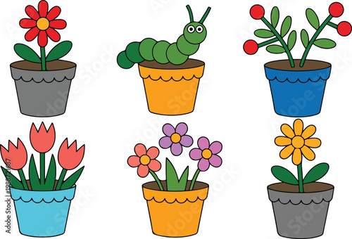 Set of cute cartoon flower pots with colorful spring blossoms and a friendly green caterpillar character for garden stickers nature projects and preschool education flat vector