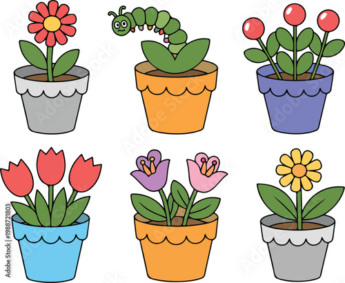 Set of cute cartoon flower pots with colorful spring blossoms and a friendly green caterpillar character for garden stickers nature projects and preschool education flat vector