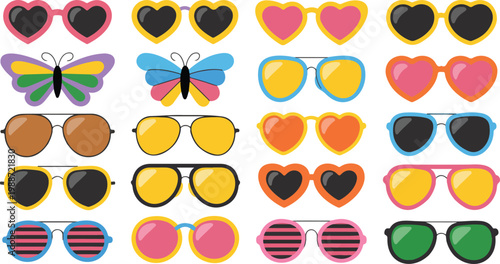 Large collection of colorful sunglasses icons featuring heart shapes butterfly frames and aviator styles for summer vacation party accessories and fashion flat vector illustration