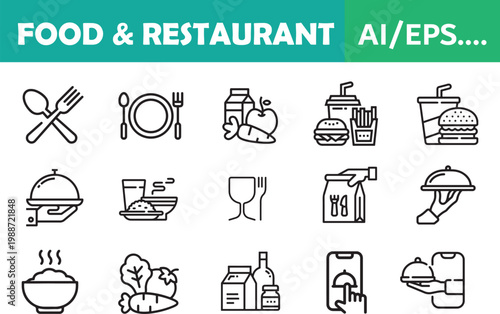 15 Professional Food and Restaurant Line Icons Set for Food Delivery Apps and Cafe Menus