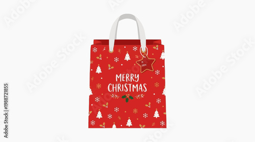A red Christmas gift bag with white handles and festive holiday designs on a plain white background