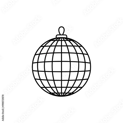 Black and white line drawing of a faceted spherical disco ball with a hanging loop
