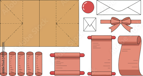 Paper craft stationery set featuring envelope template folding guides ancient scrolls wax seal and ribbon bow for scrapbooking greeting cards and vintage letter design flat vector illustration