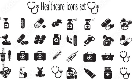 A collection of black and white medical icons on a white background, including pills, syringes, and first aid kits, for healthcare and medicine concepts