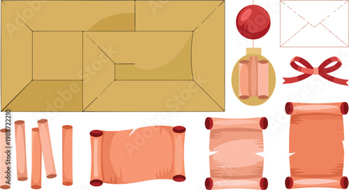 Paper craft stationery set featuring envelope template folding guides ancient scrolls wax seal and ribbon bow for scrapbooking greeting cards and vintage letter design flat vector illustration