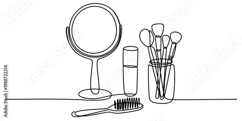 A continuous line drawing featuring a mirror, a hairbrush, and various makeup brushes in a jar. Vector, illustration