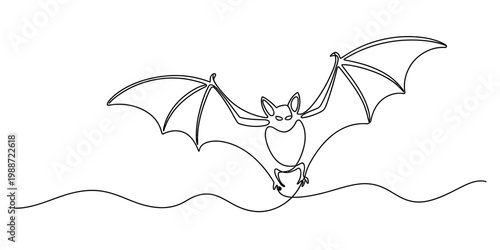 A minimalist single line drawing of a bat flying with wings spread wide against a white background Vector, illustration