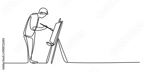 A single continuous line drawing of a creative artist painting on a canvas placed on an easel. Vector, illustration