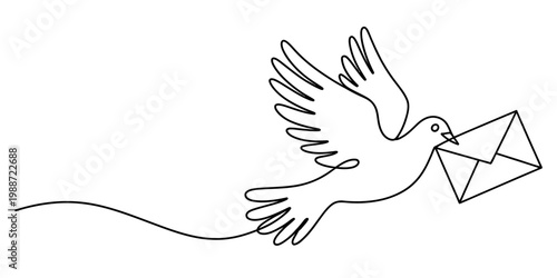 A single continuous line drawing of a flying dove carrying a sealed letter in its beak for mail Vector, illustration
