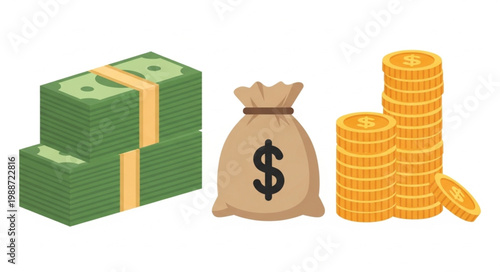 Stacks of cash money bag and gold coins illustration.