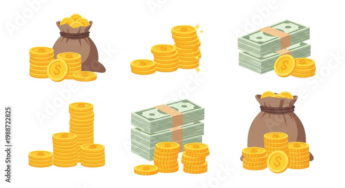 Stacks of gold coins and money bags illustration.